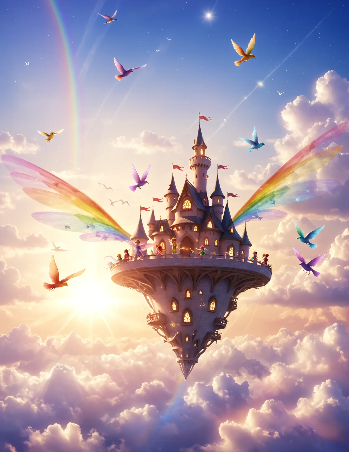 cloud art, cute mythical beings made from clouds, fluffy fairies, tiny sprites, magical sky, soft lighting, vibrant colors, whimsical, ethereal, detailed, high contrast, hyper-realistic, playful, imaginative, high-definition, gentle, warm atmosphere, BREAK
pixie castle, flying pixie, flying birds,
<lora:polyhedron_lense_flares-000005:1> lense flare, lense flares, anamorphic lense flares, rainbow flares <lora:volumetric lighting style v2:1> volumetric lighting style