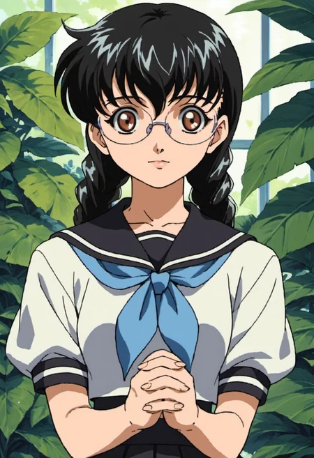 score_9, score_8_up, score_7_up, source_anime, izumi yuka, glasses, black hair, twin braids, brown eyes, 1girl, solo, school uniform, braid, serafuku, long hair, 1990s (style), retro artstyle, plant, own hands together