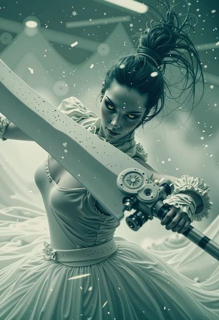A cinematic shot of a biosynthetic humanoid woman wielding an unbelievably massive sword more than twice her own size. She is a terribly beautiful yet expertly lethal creature. She swings the giant sword with finesse and grace, as if it were an extension of herself. A biosynthetic humanoid designed to kill, yet when they swing their sword it is almost as graceful as a dance. She looks focused, yet subtly happy, in her element. Her bright eyes are mesmerizingly beautiful synthetic creations, though an entirely unnatural color. She has white matte translucent ethereal synthetic skin, with a texture almost like frosted glass or matte polished alabaster, with soft diffused lighting, subtle light scattering, soft refractions, gentle highlight diffusion, muted reflections, soft-focus translucency. Backlighting creates a dramatic, atmospheric glow, illuminating unknown elements swirling in the air and emphasizing the sharp edges of her frightening visage, as the giant sword seems to cut right through the air itself. The scene is chilling, intense, and hauntingly beautiful., <lora:xjie_mihuan_000007500:0.32> xijie_mihuan,<lora:Dystopian_Style:0.4> 0y5top1a8e,<lora:Softlight:0.496> SoftLight effect, film grain, <lora:The_Vanguard:0.5> SentinelBot <lora:ssw:0.75> giant sword, A cinematic shot of a biosynthetic humanoid woman wielding an unbelievably massive sword more than twice her own size. She is a terribly beautiful yet expertly lethal creature. She swings the giant sword with finesse and grace, as if it were an extension of herself, gripping it confidently with her left hand. A biosynthetic humanoid designed to kill, yet when they swing their sword it is almost as graceful as a dance. She looks focused, yet subtly happy, in her element. Her bright amber eyes are mesmerizingly beautiful synthetic creations, though an entirely unnatural color. She has the palest, white matte translucent ethereal synthetic skin, with no color or pigment, with a texture almost like frosted glass or matte polished alabaster, with soft diffused lighting, subtle light scattering, soft refractions, gentle highlight diffusion, muted reflections, soft-focus translucency. She wears a long white dress with a high neck that fully covers her torso and arms, which flairs out, flowing around her as she spins. Backlighting creates a dramatic, atmospheric glow, illuminating unknown elements swirling in the air and emphasizing the sharp edges of her frightening visage, as the giant sword seems to cut right through the air itself. The scene is chilling, intense, and hauntingly beautiful., <lora:xjie_mihuan_000007500:0.28> xijie_mihuan,<lora:Dystopian_Style:0.3> 0y5top1a8e,<lora:Softlight:0.35> SoftLight effect, film grain, <lora:The_Vanguard:0.35> <lora:ssw:0.1> giant sword