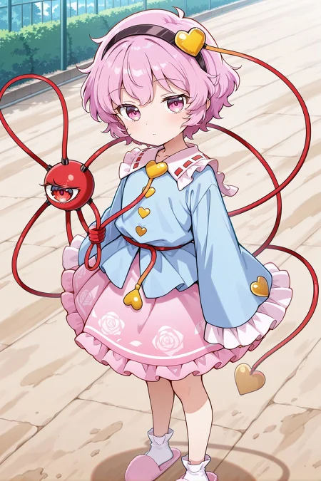 absurdres, highres, masterpiece, best quality, amazing quality, official anime artwork, screencap, anime screencap, looking at viewer, outdoors,
<lora:Komeiji-Satori_IllustriousV2:1> komeiji satori, 1girl, solo, pink eyes, pink hair, short hair, third eye,, komeiji satori \(tiny underworld queen\), aged down, black hairband, blue shirt, heart hair ornament, yellow heat, frilled shirt, long sleeves, wide sleeves, yellow buttons, heart button, pink skirt, frilled skirt, pink slippers, white socks,