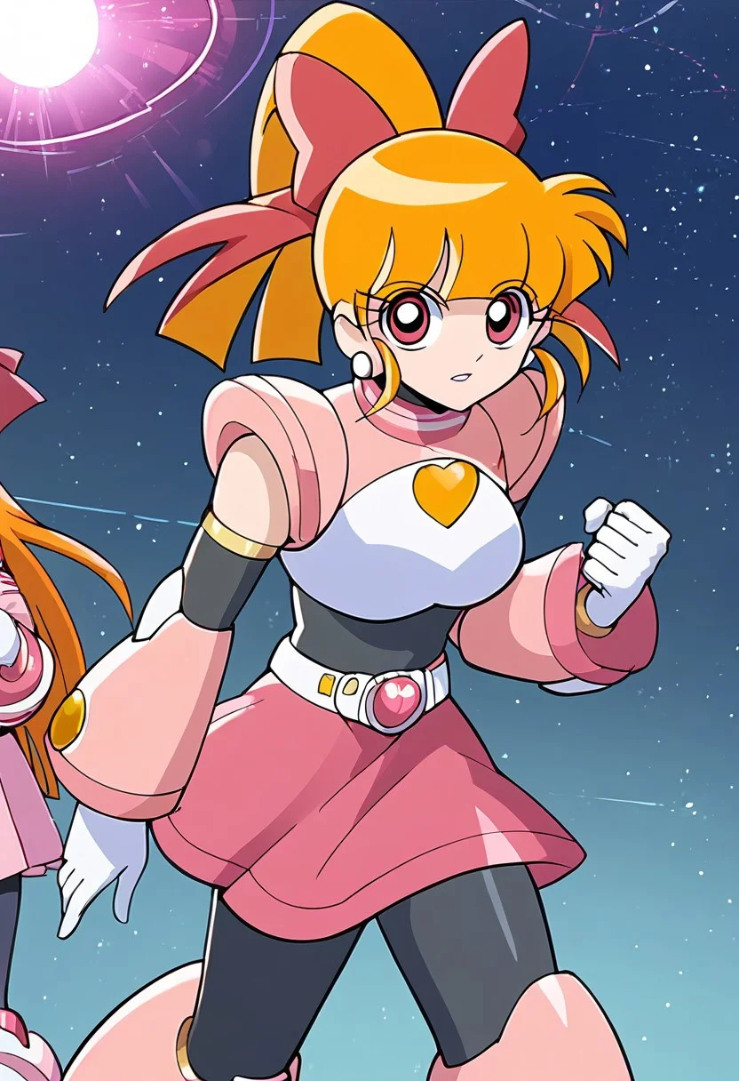 score_9, score_8_up, score_7_up, score_6_up, score_5_up, score_4_up, dynamic lighting, crisp, sharp, Expressiveh, good_hands, megamanreploid, android, black bodysuit, pink armor, white gloves, mature woman, 1girl, solo, momoko blossom, orange hair, long hair, ponytail, sleeveless pink jacket, pink skirt, medium breasts, looking at viewer, pose, dynamic pose, walking towards viewer,