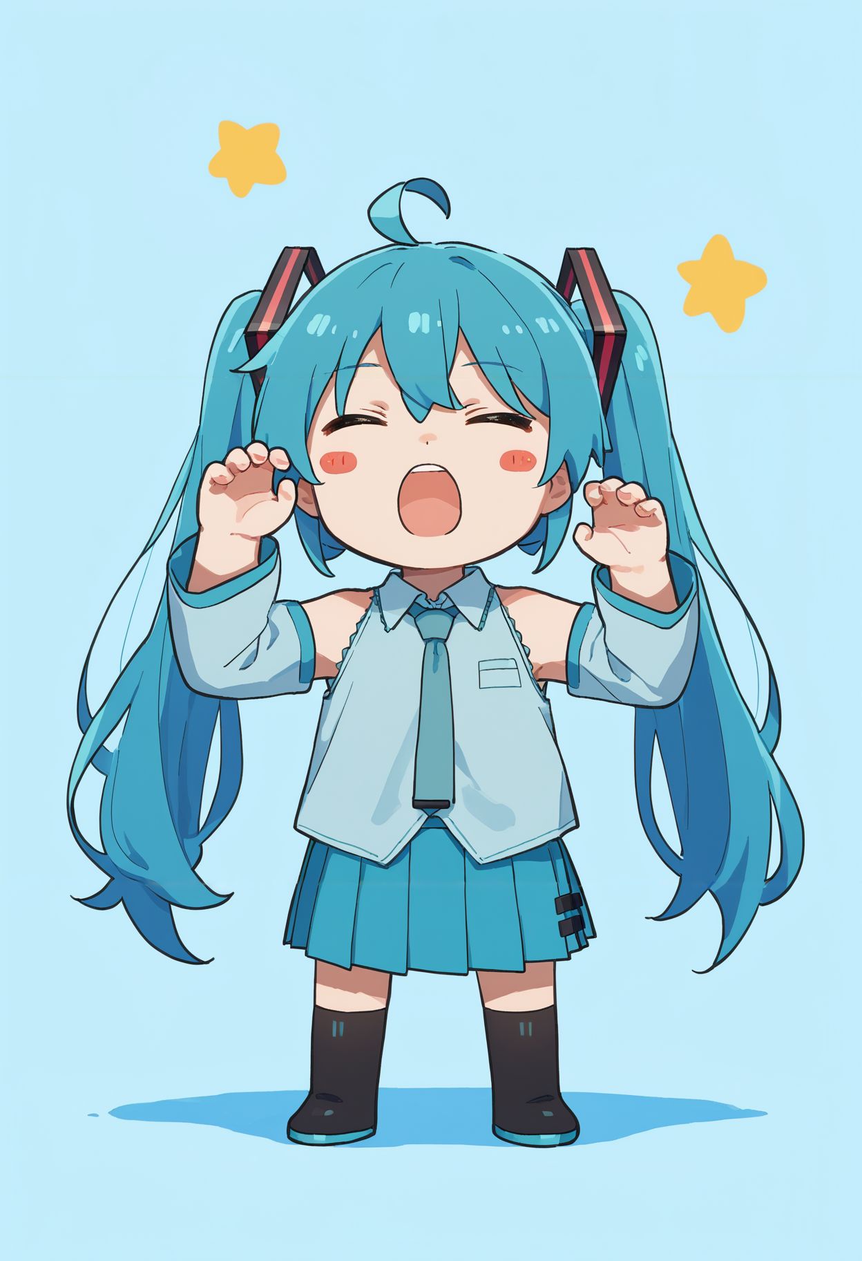 score_9,score_8_up,score_7_up, <lora:xinzoruo_style_pdxl_goofy:1>1girl, hatsune miku, ahoge, blue hair, blush stickers, chibi, closed eyes, collared shirt, detached sleeves, full body, hair ornament, long hair, long sleeves, open mouth, pleated skirt, shirt, skirt, sleeveless, sleeveless shirt, sleeves past fingers, sleeves past wrists, solo, twintails, very long hair, yawning