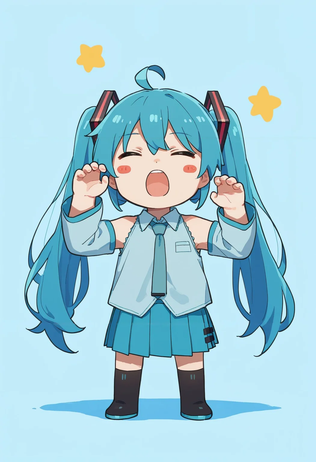 score_9,score_8_up,score_7_up, <lora:xinzoruo_style_pdxl_goofy:1>1girl, hatsune miku, ahoge, blue hair, blush stickers, chibi, closed eyes, collared shirt, detached sleeves, full body, hair ornament, long hair, long sleeves, open mouth, pleated skirt, shirt, skirt, sleeveless, sleeveless shirt, sleeves past fingers, sleeves past wrists, solo, twintails, very long hair, yawning