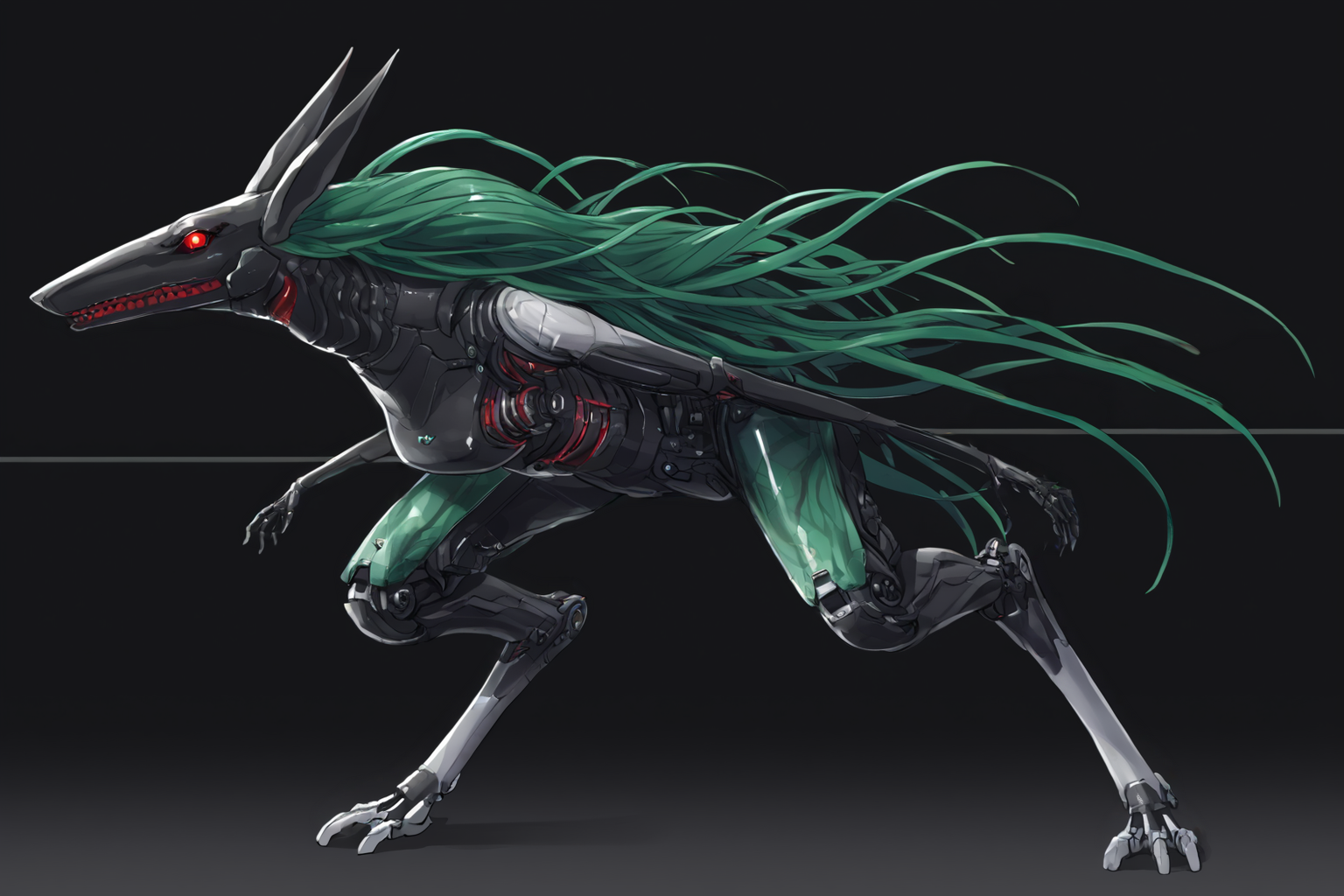score_9, score_8_up, score_7_up, score_6_up, score_5_up, score_4_up, BREAK, source_anime, solo, 1girl, rating_safe, ((mature female)), ((long green flowing hair)), mechanical parts, ((plastic, polymer, metal body)), (big mechanical rabbit ears), mature female, (bunny ears), (animal ears), subdermal port, ((milf, mature female, big breasts)), hexagon lines in skin, naval uniform overcoat, naval uniform, white military uniform, dress_uniform, ribbons, ((red eyes)), bunny tail, rabbit tail, aiguillette, ((green hair)), ascot, ((Ground level (from the side) view Extreme Close shot (focus on waist), Pretending to struggle with an invisible wind )), pilot suit, shoulder cutout, bunny rabbit Tail, ((hair over one eye, )), digitigrade, clawed feet, minimal clothes, ((metal skin, shiny skin, vampire aesthetic, digital eyes, filled eyes, monochromatic eyes, glowing eyes, colored sclera, red sclera, mechanical eyes, partially shaded face, slit pupils, angular, minimal face, minimalism, narrow eyes, large eyes)), (anubis \(mythology\), anubis \(mythology\), ), <lora:Pony_DetailV2.0:1.5>, <lora:age_slider_v4:4>, ((dark, shaded, black background, horror, GREEN HAIR,)) <lora:ECHANIS:0.7>,    <lora:SqueakyRem_Style:1>