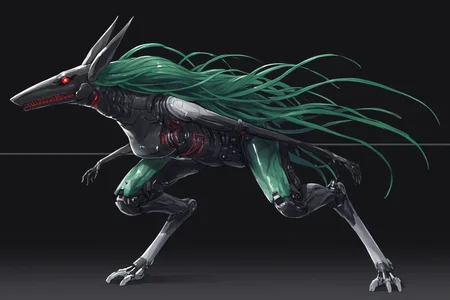 score_9, score_8_up, score_7_up, score_6_up, score_5_up, score_4_up, BREAK, source_anime, solo, 1girl, rating_safe, ((mature female)), ((long green flowing hair)), mechanical parts, ((plastic, polymer, metal body)), (big mechanical rabbit ears), mature female, (bunny ears), (animal ears), subdermal port, ((milf, mature female, big breasts)), hexagon lines in skin, naval uniform overcoat, naval uniform, white military uniform, dress_uniform, ribbons, ((red eyes)), bunny tail, rabbit tail, aiguillette, ((green hair)), ascot, ((Ground level (from the side) view Extreme Close shot (focus on waist), Pretending to struggle with an invisible wind )), pilot suit, shoulder cutout, bunny rabbit Tail, ((hair over one eye, )), digitigrade, clawed feet, minimal clothes, ((metal skin, shiny skin, vampire aesthetic, digital eyes, filled eyes, monochromatic eyes, glowing eyes, colored sclera, red sclera, mechanical eyes, partially shaded face, slit pupils, angular, minimal face, minimalism, narrow eyes, large eyes)), (anubis \(mythology\), anubis \(mythology\), ), <lora:Pony_DetailV2.0:1.5>, <lora:age_slider_v4:4>, ((dark, shaded, black background, horror, GREEN HAIR,)) <lora:ECHANIS:0.7>,    <lora:SqueakyRem_Style:1>