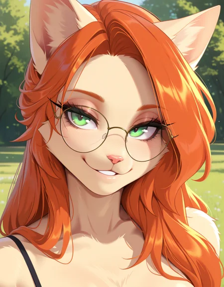 masterpiece, best quality, very aesthetic, absurdres,
outdoors,
upper body, posing,
seductive smile, parted lips, long eyelashes,
<lora:Katrina_v01_NAIXL-000004:1>
K4tr1n4,1girl,solo,furry,furry female,cat girl,cat ears,orange hair,long hair,green eyes,glasses,snout,animal nose,body fur,