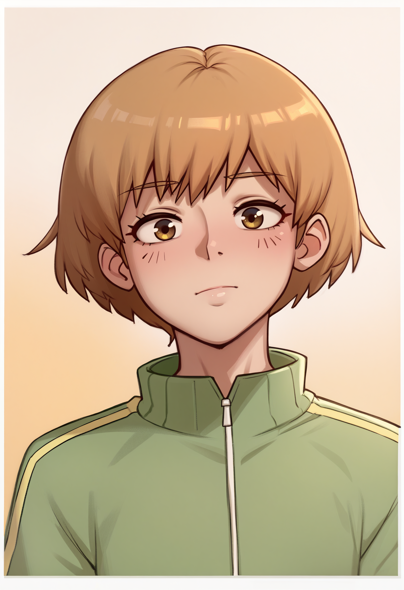 <lora:dross-guy-PONY-DORAv1:1>, dros, score_9, score_7_up, 1girl, solo, border, yellow background, gradient background, satonaka chie, light brown hair, green track suit, portrait