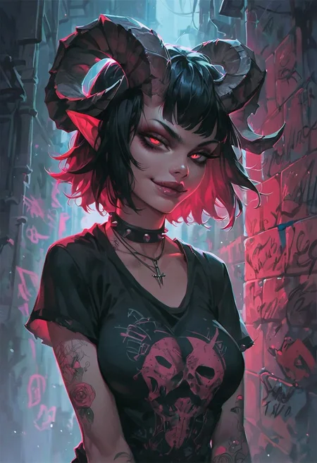 score_9, score_8_up, score_7_up, score_6_up, aesthetic ,  punk, demon, horns,  outdoors, alley, night, graffiti, t-shirt,  solo,  dutch angle,  g0thicPXL,  (big lips:0.6), (close up:1.2), portrait, medium breasts, smug, smirk, skinny, pov, leaning toward viewer, realistic
