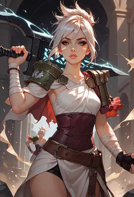 masterpiece,best quality, highly detailed, score_9, score_8_up, score_7_up, score_6_up, score_5_up, score_4_up, solo, rvn, white hair, short hair, ponytail, rvn, short hair, ponytail, facial mark, eyeshadow, top, criss-cross halter, single pauldron, shoulder armor, single glove, bandaged arm, corset, belt, skirt, single greave, (huge weapon, sword, broken weapon, magic), Expressiveh, 30yo, adult lustful confident woman, petite, slender body, perky saggy natural breasts, full lips, bangs, sidelocks, straps,
chinese magical sorceress, animated, swirling magic, wisps of magic, dancing pose, tight squeezed outfit, magical accessories, evoking motion, conveying motion, dynamic splash art