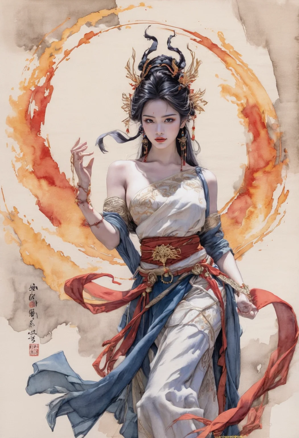 The Bride with White Hair comic Japanese Ink Drawing, A young female in very sexy Hanfu, xianxia fantasy,her red Songmo headdress fluttering in the wind. She wields the fire with one hand, beautiful eyes,her fireplay agile and powerful, as if ready to leap into the air at any moment.
Action: Each of her fire dance movements is filled with passion and strength, her hair flying wildly with the vigorous motions, like flames dancing in the air.
Background: The background is simplified, sketched with light ink strokes, highlighting the fluidity and power of the character's movements.
Style Features: Utilizes shades of ink and precise strokes to capture the elegance of the clothing and the dynamism of the fire dance, aiming to present an artistic effect that combines motion and stillness., ink drawing, inkwash, Japanese Ink Drawing. graphic illustration, comic art, graphic novel art, vibrant, highly detailed. Forbidden love, transformation, iconic snowy landscapes, sect rivalries, tragedy, cinematic, highly detailed, sharp focus, intricate, fine detail, clear, polished
