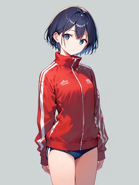 score_9, score_8_up, score_7_up,source_anime, high res image,masterpiece,best quality,(girl:1.2),cute face,clear skin,shiny hair,ultra detailed eyes,simple background, <lora:tracksuits_pony_V1.0:1> tracksuits, buruma