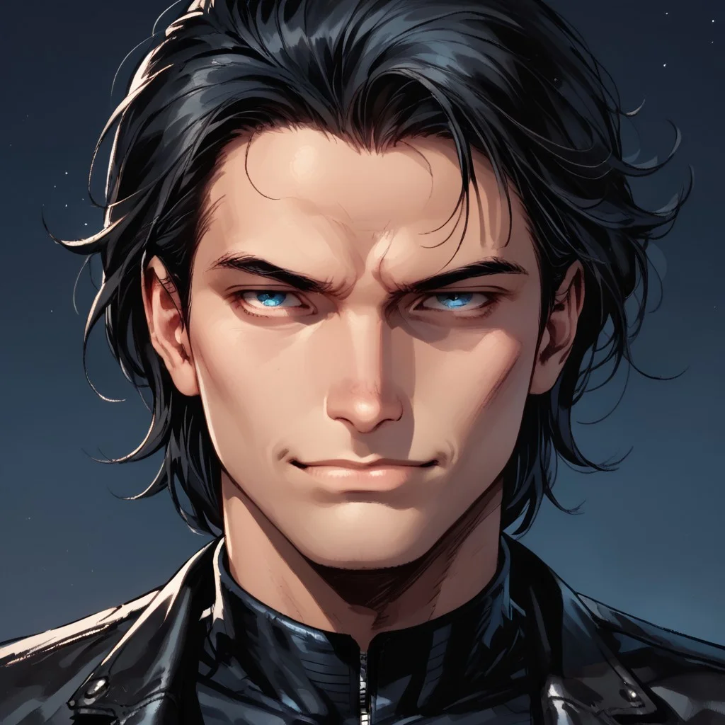 score_9, score_8_up, score_7_up, score_6_up, masterpiece, best quality, 1boy, black jacket, male, leather jacket, black hair, wolfcut medium hair, blue eyes, jack estacado base, tired, serious, night, detailed, leotard, <lora:easynegative:1> solo, portrait, very close up,gradient background,mouth closed,slight smile