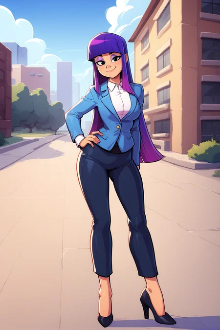 score_9, score_8_up,score_7_up, score_6_up, score_5_up, source_cartoon, (Cartoon:1.0), <lora:add_details_xl:1>
BREAK
<lora:Miko_Kubota_XL-03:0.7>, Miko Kubota, 1girl, solo, office lady, very long hair, purple hair, multicolored hair, bangs, black eyes, cartoon eyes, smile, closed mouth, purple eyeshadow, multcolored eyeshadow, (looking at viewer:1.5),
BREAK
full body, medium body, hand on own hip, breasts, medium breasts, formal, suit, light blue blazer, white blouse, black belt, light blue pants, high heels, black footwear,
BREAK
outdoors, day blue sky, cloud, city, building, pavement, (standing:1.3), <lora:Lunas-Sparrow-SDXL-A1:0.4>