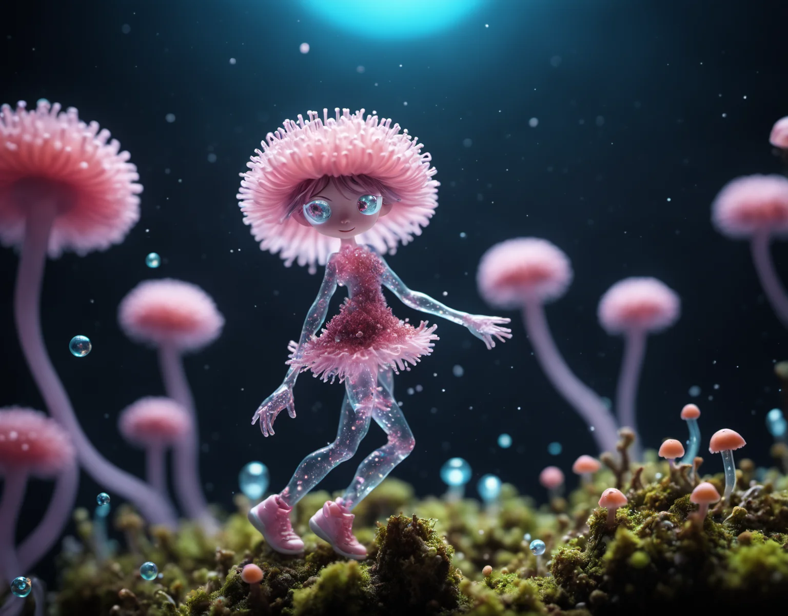 photorealistic colorful microscopy shot Tilt-shift photo of a cute lichen character swirling and dancing ritual , (Rhizoid spores, mycelium, gemmae, algue moss, transparent plants protonema , glassy gametophytes, magical virophage organisms), space photography universe tiny, transformed, , tilt-shift (subsurface scattering, soft-body physics, cloth physics) colorful pollen clouds, shimmering dust, ((aesthetic lens effects, chromatic aberration))