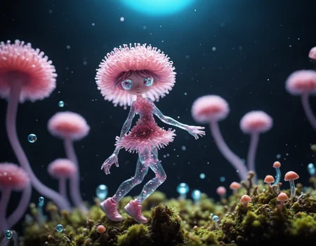 photorealistic colorful microscopy shot Tilt-shift photo of a cute lichen character swirling and dancing ritual , (Rhizoid spores, mycelium, gemmae, algue moss, transparent plants protonema , glassy gametophytes, magical virophage organisms), space photography universe tiny, transformed, , tilt-shift (subsurface scattering, soft-body physics, cloth physics) colorful pollen clouds, shimmering dust, ((aesthetic lens effects, chromatic aberration))