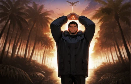 <lora:Lifeline_Style_V2_Illu_Edition-000015:1>, (llv2-illu), ((standing with feet together, arms raised above the head, and body slightly bent, jungle, winter coat, jet black hair, dusk, telephoto shot))
looking at the viewer, cowboy shot, 
(very short hair, beard, bara, mature, facial hair, stubble, beard, full beard, sideburn, beard, a lot of beard, ), facial hair,male focus, muscular male, muscular male, bara, mature,  bara, mature, aixiwuganda_(20222192), very awa, masterpiece, best quality, absurdres, newest, perfect quality, detailed background, intricate details,
<lora:slider_Body Type_alpha1.0_rank4_noxattn_last:3><lora:Anime Summer Days 2 Style SDXL_LoRA_Pony Diffusion V6 XL:.6><lora:slider_cfg_scale_boost:.7><lora:Artist6p:.55>, Artist6p, Artist04p,<lora:slider_il_brightness_slider_d1:-1><lora:slider_il_contrast_slider_d1:-1><lora:slider_DarkSlider1.2_alpha1.0_rank16_full_300steps:-.6>