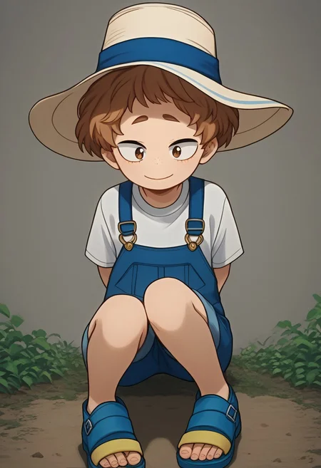 score_9, score_8_up, score_7_up, source_anime, highly detailed, cute boy, 1boy, solo, young, katsuma, sun hat, curly hair, light brown hair, brown eyes, white t-shirt, knee length overalls, hands behind back, shy smile, sandals, looking at viewer, avoiding eye contact, looking down