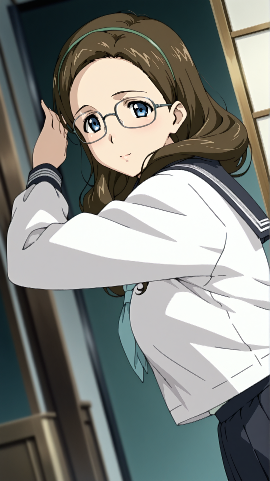source_anime, general, best quality, masterpiece, 1girl,  <lora:Marie_ill:1> marie\(gunxsword\),blue eyes,tareme,brown hair,long hair,glasses,mature,serafuku, dynamic pose, dutch angle,