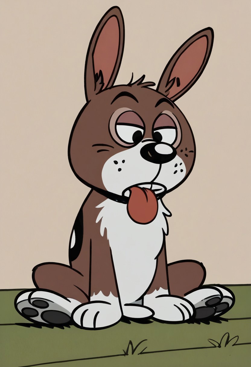 (score_9 | score_8_up | score_7_up) ((masterpiece:1))(best quality,very high quality,ultra detailed:1.2) (2D,cartoon style,anime style)(Smooth:2)(clean blurring) (four fingers on each hand,one thumb on each hand:1), solo, charles, dog, black spot on left eye, white fur, paw, dog paws, donkey dog hybrid, Full Donkey, half donkey, donkey head, donkey ears, donkey tail,