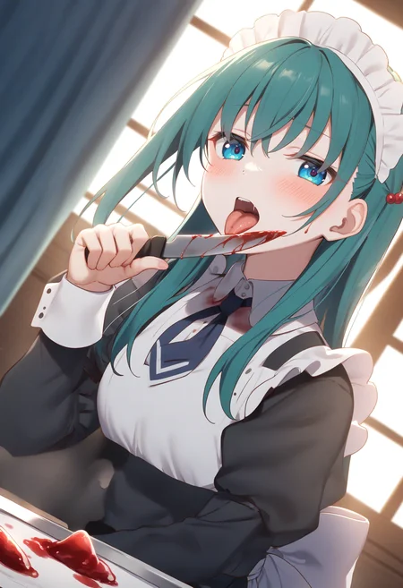 1girl,sincos, ningen mame, toosaka asagi,solo,medium breasts,20yo,maid,maid headdress,
licking knife, <lora:lickingknife_XL_v1:0.8>
tongue out, holding knife, blood,
best quality, very aesthetic, absurdres