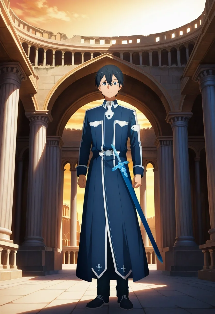 masterpiece, best quality, intricate details, (realistic:0.6), looking at viewer, 1boy, solo, male focus, <lora:kazuto_kirigaya_ilxl:1>, kazuto_kirigaya_alicization, black hair, black eyes, short hair, hair between eyes, sword art online: alicization, Colosseum, Rome, towering arches, historical ruins, standing pose, admiring expression, golden hour light, gangster costume