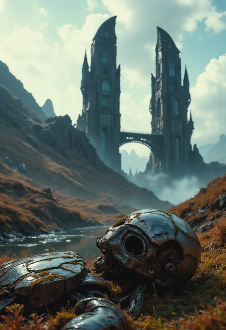 In the foreground lays the whimsical, decaying, moss-covered, and weathered metal body of a long-defunct robot, its rusted frame blending completely into the natural environment. Beside it, an old, half-rotted sign lies on the ground, bearing the faded text "some buzz pls," hinting at its past use as a begging shield. The robot’s head, overgrown with vines, gives an eerie sense of abandonment and forgotten technology. Behind this rusted relic, a massive abyss hovers in the vastness of outer space, its colossal form seemingly bowing down to the viewer. Two towering structures, forged from black metal, rise ominously into the high clouds. Their sleek, modern-medieval design incorporates both sharp geometric angles and massive windows that reflect the fading light. A bridge of cold, gleaming metal connects the two towers, reinforcing their imposing presence in the sky. The hyper-realistic scene captures a tranquil, mist-shrouded landscape at twilight, with rolling hills and deep valleys bathed in soft orange light. The terrain is covered with delicate shrubs and grasses, their leaves tinged in deep black-pink hues, creating a striking contrast against the cool, misty atmosphere. The decaying robot’s weathered form, set against the towering black metal structures, evokes a haunting sense of the passage of time, where nature slowly reclaims the remnants of a long-lost civilization.
