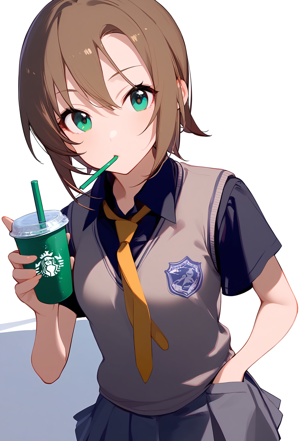 1girl,
tada riina,


sweater vest, shirt, medium breasts, light frown, short sleeves, holding, standing, collared shirt, miniskirt, skirt, yellow necktie, wing collar, green eyes, school uniform, holding cup, white background, looking at viewer, pleated skirt, headphones, drinking, necktie, short hair, clothes writing, solo, cowboy shot, breasts, drinking straw, closed mouth, hand in pocket, grey skirt, cup, disposable cup, black shirt, brown hair, simple background,

sfw
<lora:a31_char_new_tada_riina:1> <lora:a31_style_koni-000010:0.8>