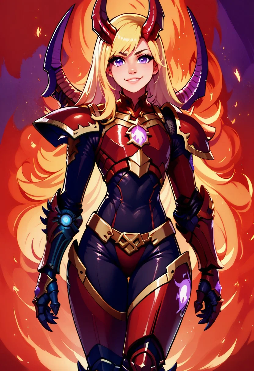 score_9, score_8_up, score_8,
Khrn, 1girl, solo, long hair, looking at viewer, smile, blonde hair, purple eyes, cowboy shot, horns, armor, cosplay, gauntlets, prosthesis, power armor, fire background,