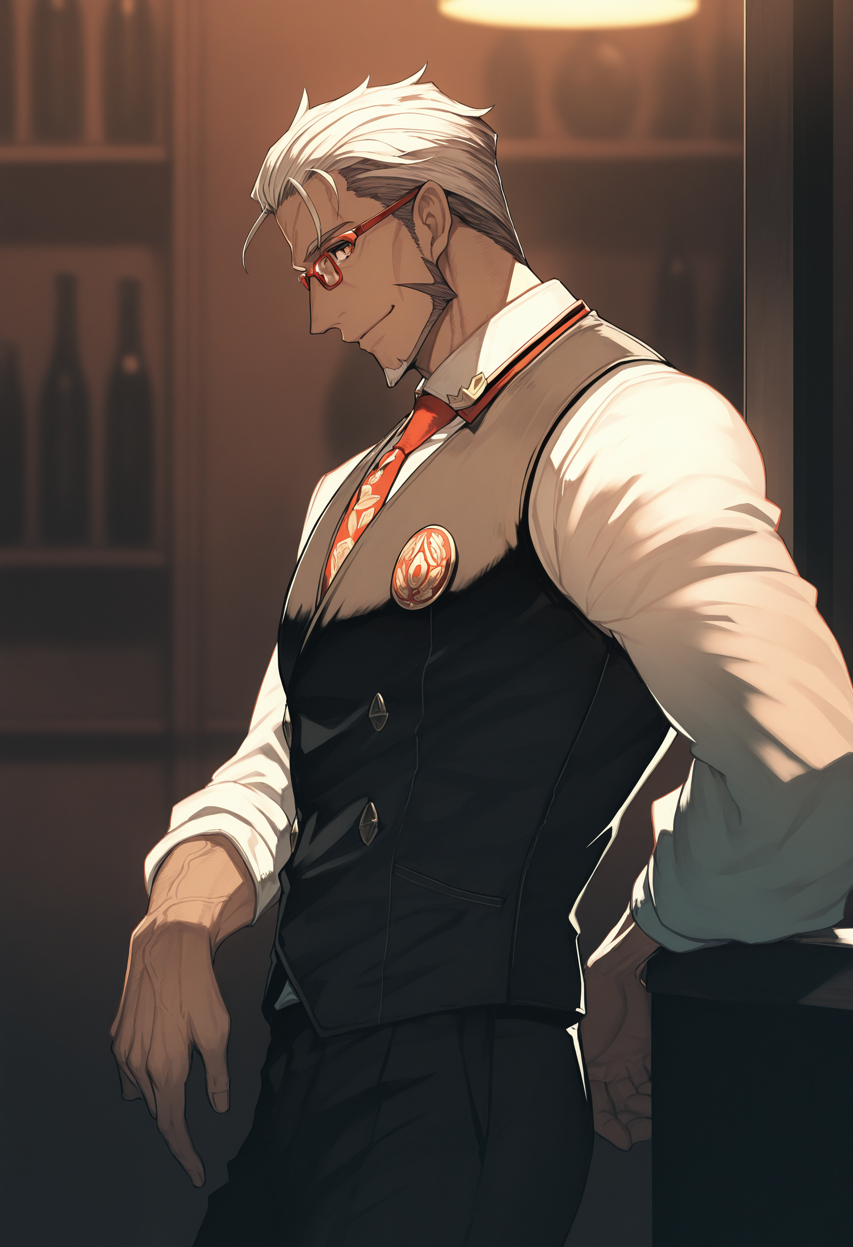 arurandeisu, arurandeisu \(1st costume\), 1boy, male focus, solo, glasses, beard, black vest, white shirt, red necktie, collared shirt, grey hair, long sleeves, red-framed eyewear, short hair, mature male, hair slicked back, white hair, black pants,
looking at viewer, smile, from side, indoors, bar \(place\),
depth of field, high contrast, dramatic shadows, highly detailed, high contrast,
masterpiece, best quality, very aesthetic, absurdres
<lora:holostars_allmems_illustrious_v1:1>
<lora:illustrious_noobai_epsilon_pred_1_masterpieces_v1:1>