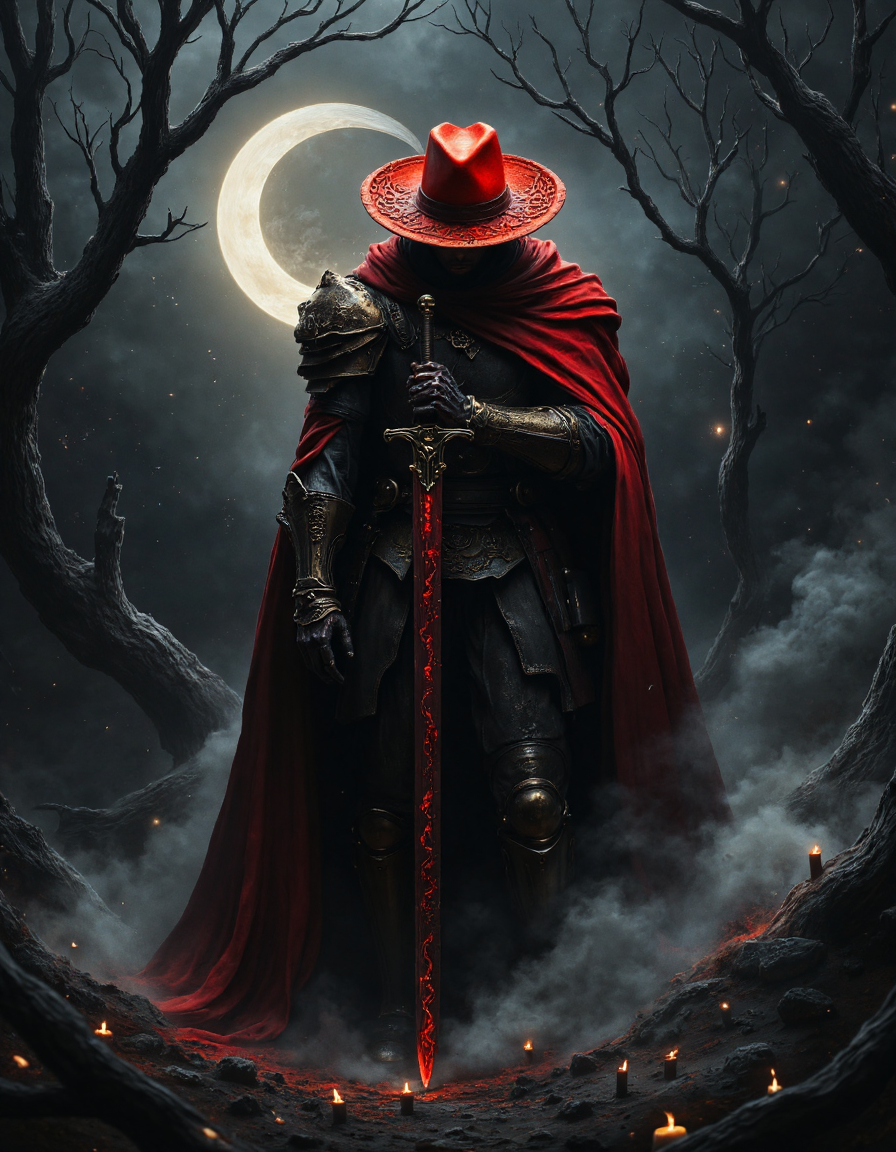 Highly detailed dark cinematic scene. A figure stands with a long cape draped over their light armor, wearing a big red American hat that obscures their face as the head tilts downward. hold an intricately red hunter sword in one hand cross his body. Twisted dead trees and scattered candles surround them, with a crescent moon glowing faintly behind. The atmosphere is dark, eerie, and melancholic, <lora:aidmaMJ6.1:0.8>, <lora:fluxenhancer:0.5>