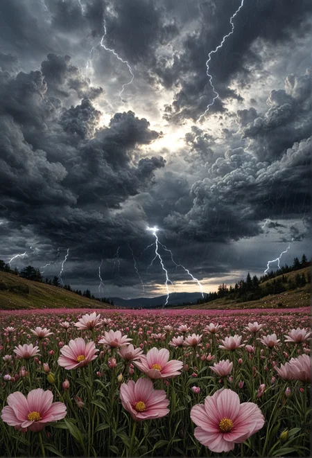 masterpiece, best quality, amazing quality
,flower, outdoors, sky, cloud, water, tree, no_humans, sunlight, grass, cloudy_sky, scenery, nature, pink_flower, light_rays, field, sunbeam, flower_field, lightning, landscape, storm, meadow, dark_clouds,A dramatic scene from a bird's eye view, featuring a field of pink cosmos flowers under a dramatic sky filled with dark, stormy clouds and lightning. the sky is filled with dramatic, ominous clouds, and the lightning is striking down from the sky, creating a dramatic and intense atmosphere. the flowers are in full bloom, with some of them still in the process of blooming, while others are still in view. the field stretches out into the distance, with a few trees visible in the background, adding to the natural beauty of the scene. the overall mood is intense and dramatic, with the colors blending together to create a sense of depth and dimensionality.
flower, outdoors, sky, cloud, no humans, water, pink flower, tree, scenery, nature, grass, cloudy sky, pink flowers, storm, lightning
