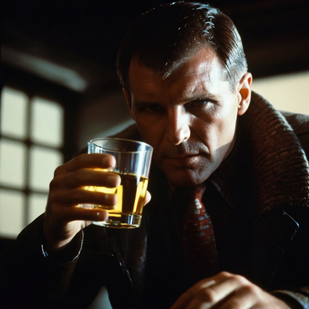 cinematic film still of  <lora:Blade Runner Style:1>
medium shot, Kodak Eastman 100T 5247 Cinematic 1982 Film Stock Footage of Rick Deckard a man partially covered in shadows drinking a glass of wine in a dark room Blade Runner style, shallow depth of field, vignette, highly detailed, high budget, bokeh, cinemascope, moody, epic, gorgeous, film grain, grainy