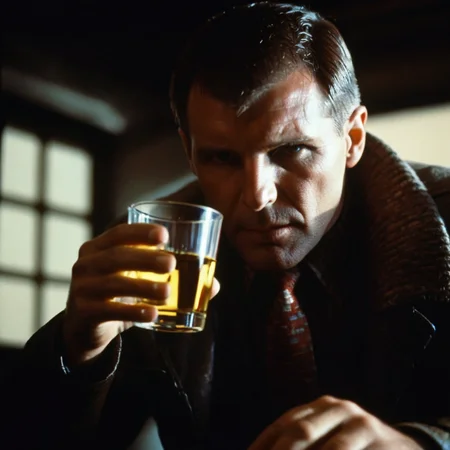 cinematic film still of  <lora:Blade Runner Style:1>
medium shot, Kodak Eastman 100T 5247 Cinematic 1982 Film Stock Footage of Rick Deckard a man partially covered in shadows drinking a glass of wine in a dark room Blade Runner style, shallow depth of field, vignette, highly detailed, high budget, bokeh, cinemascope, moody, epic, gorgeous, film grain, grainy