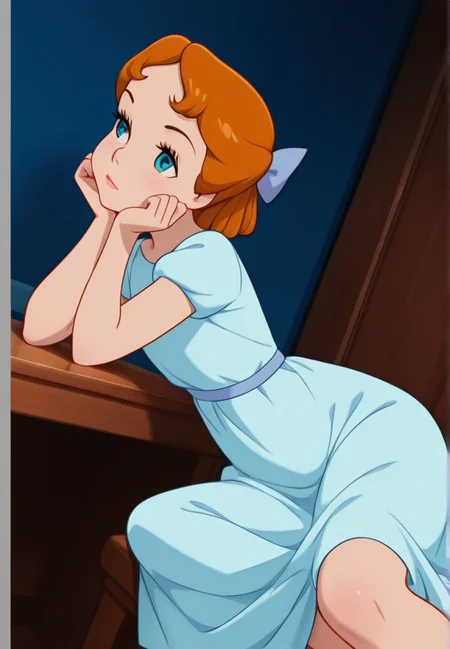 masterpiece, best quality, amazing quality, very aesthetic, absurdres, newest, detailed background, cowboy shot, indoors, dynamic angle, bedroom
wendyxd, 1gir, solo, sitting, head rest, blue dress, hairbow,
<lora:Wendy_Darling_-_Disney_Illustrious:1>