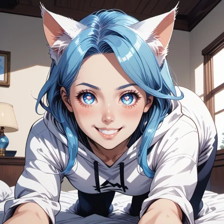 score_9, score_8_up, score_8, commix style, 1girl, Catgirl, slimes_aizome, solo, blue hair, white cat ears, white cat tail, heart eyes, oversized hoodie, on bed, all fours, leaning forward, face focus, highly detailed, dynamic angles, dynamic pose, very amazed, smile, big eyes, Expressiveh, vivid colors, looking at viewer, low angle, view from below