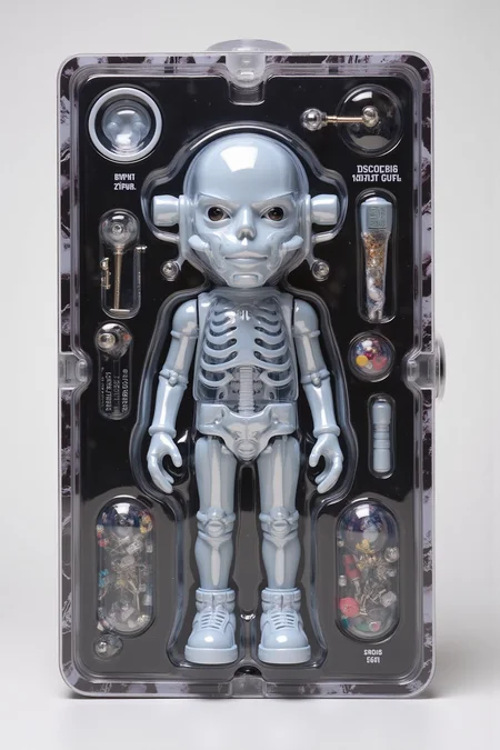 Acrylic, Translucent style, Hyper realistic Toy still in box that represents being ChatGPT with lots of accompanying accessories and witty text on the packaging, the toy inside perfectly represents the disorder artistically, The figure will be an abstract but cute guy.