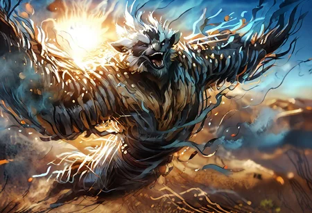 ((solo)),dougi,(earth elemental,Air Elemental,earthshakerpdxl, KassPXL,male,lemur), long body, laughing, flying, surrounded by smoke, mirages, Kalahari desert, oasis, blurry figures, noon, bright sun, wind