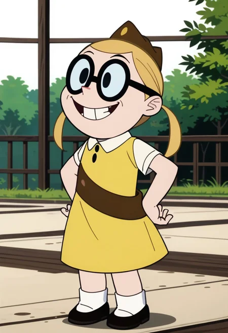 score_9, score_8_up, score_7_up BREAK BessieH, 1girl, blonde hair, pigtails, black eyes, round glasses, brown garrison cap with yellow button, brown sash, white-collared yellow dress, short white sleeves, white socks, black shoes, screenshot, official art, parody, anime footage, official design, screencap, anime screenshot, official screenshot, 2d, anime, source_anime, solo, solo focus, happy, full body,