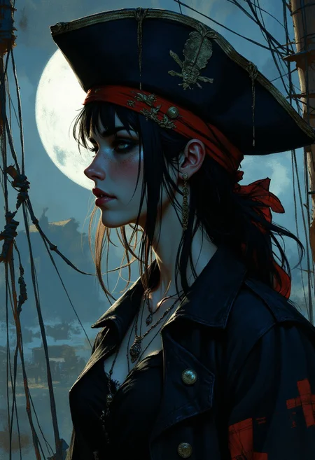 OBxiaoxiang, in the style of ck-mgs, side portrait of japanese female pirate, long hair, bangs, sidelocks, bandana, Tricorne hat, dark eyeshadow, necklaces, earrings, red lips, directional light, silhouetted, chaiscuro, outdoors, moonlight