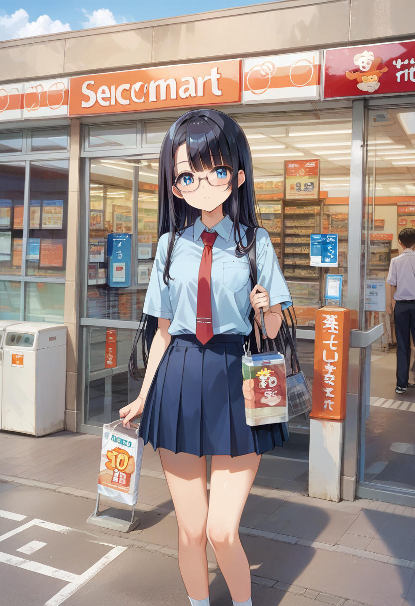 score_9, score_8_up, score_7_up, rating_safe, masterpiece, best quality, absurdres, unity 8k wallpaper, official art, official style, source_anime, uncensored, game cg, megami magazine,
1girl, solo, glasses, black hair, long hair, blue eyes, collared shirt, red necktie, pleated skirt, blue skirt, looking at viewer, blush, 
secoma, konbini, scenery, storefront, japan, scenery, shop, convenience store, road, outdoors, street, storefront, sign, shadow
 <lora:seicomart_storefront_PONY_V1:1>