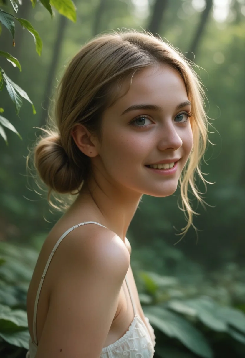 score_9, score_8_up, score_7_up, award-winning photograph, photorealistic, 8K UHD photograph, realism, 1girl, BREAK, (side view, looking over-her-shoulder:1.4), BREAK, score_9, score_8_up, score_7_up, photo, photorealistic, extreme close-up, open mouth, teasing smile, unfocused gaze, looking past viewer, sexy, 18yo, (youthful:2.0), female sharp focus, small breasts, (Italian), olive skin, (blonde hair with dark roots:1.2), lustrous skin, slender, perfect body, friendly smile, BREAK, forest, trees , old growth forest, towering ancient trees, thick roots twisting, mushrooms scattered below, , BREAK, stacking small stones, creating a tiny tower, BREAK, Masterful, high-resolution photograph of a beautiful girl, with cinematic grading and dynamic lighting, this image captures her charm and charisma in a movie-like atmosphere
