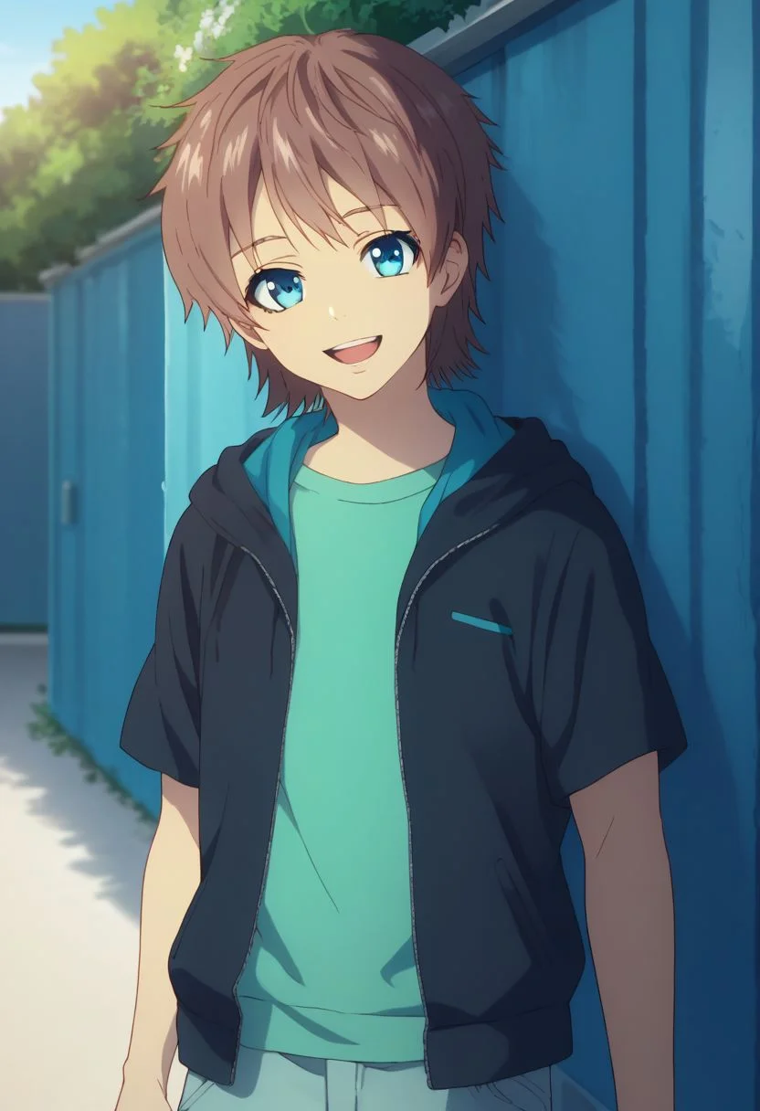 score_9, score_8_up, score_7_up, source_anime, highly detailed,
kaname, solo, brown hair, 1boy, blue eyes, male focus, pants, t-shirt, hood, zipper. green t-shirt, pants, upper body, smile, open mouth,
outdoor,
