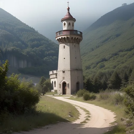 realistic analog photo, award winning photo, vary wide shot of (authoritarian) Cement:1.3 witow (Military watchtower):1.3, fort, building, scenery, dirt path, (on a hilltop), nature, outdoors, RAW, highres, 8k, uhd, High Dynamic Range, tonemapping, crisp details,