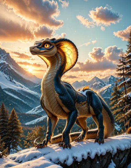 score_9, score_8_up, score_7_up, realistic, cute, fluffy, adorable, full body, black [goat|snake|snake], snake dark scales, translucent ear, beautiful glowing eyes, short hair, standing on a cliff, cloudy, sunrise, open field background, trees, snowy mountains, vivid colors, subsurface scattering, intricate, insane detailed, shallow depth of field, vignette, bokeh, moody, epic, gorgeous, cinematic, <lora:add-detail-xl:1>, <lora:MJ52:0.5>, <lora:xl_more_art-full_v1:0.5>, <lora:detailed_notrigger:1>, <lora:d3t41l3dXLP:0.5>, <lora:sss:1>