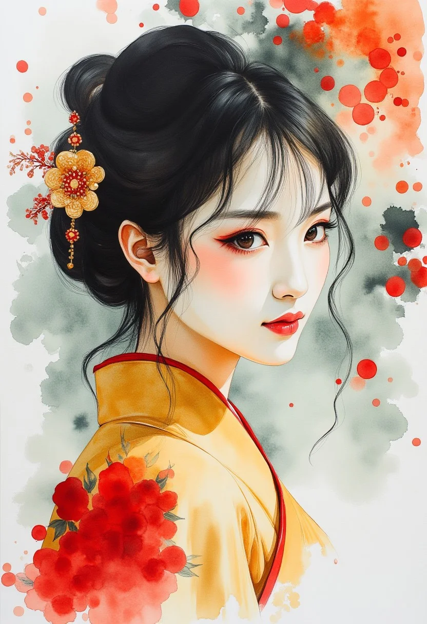 ArsMJStyle, Expressive Watercolor Ink Wash, photorealistic closeup portrait of stunning japanese woman, gold and red cheongsam, bangs, sidelocks, light hitting one side of face, abstract traditional japanese art background suggesting a shinto temple