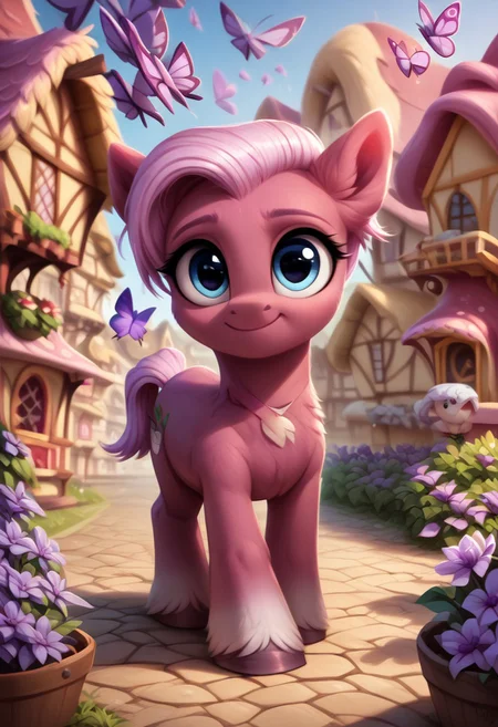 masterpiece, score_9, score_8_up, score_7_up, score_6_up, (best quality:1.1), ultra-detailed, high resolution, (SOLO), (1GIRL), (FEARL PONY), ((JASMINE LEAF)), ((detailed pink short hair)), (highly detailed pony face), (beautiful detailed blue eyes), (shy smile), (detailed purple fur:1.6), ((highly detailed ponyville background:1.5)), (purple flowers everywhere:1.5), (purple butterflies:1.5), (looking at viewer), (cute, adorable), (walking on a stone path), high quality, sharp, the quality of ai art is frightening, highly detailed, Highly Visible, sharp focus, high detail, detailed background,