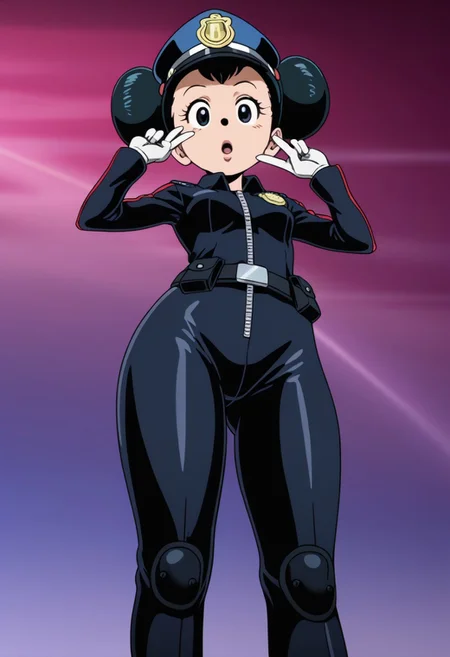 Minnie Mouse , military suit, space police, animation, 1girl, perfect body, side biew, from angle, pose V, surprized