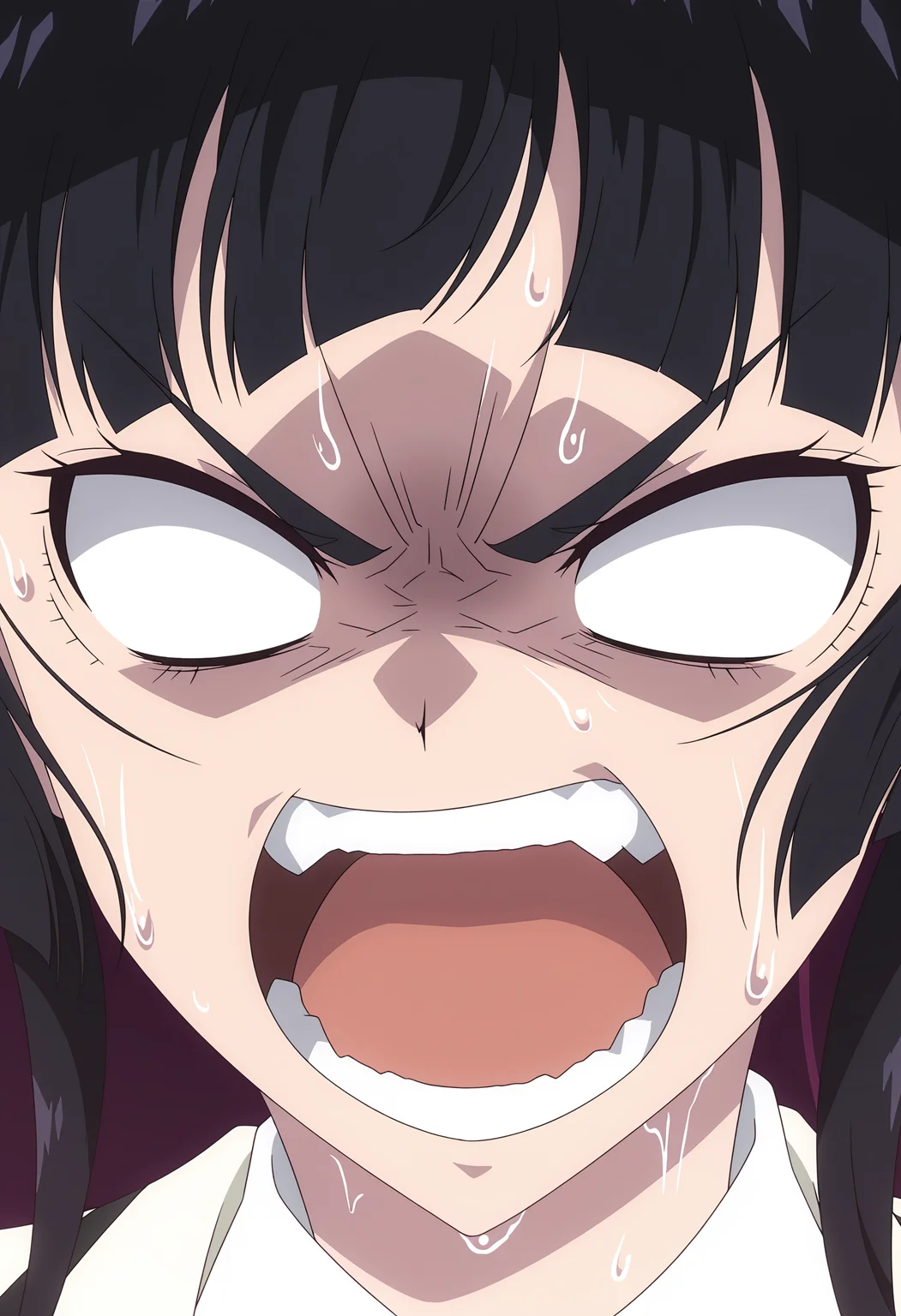 <lora:Kurogane Otoha_illustrious-000056:1>,
Kurogane Otoha,solo,open mouth,sweat,no pupils,teeth,shirt,close-up,portrait,angry,anime coloring,blank eyes,black hair,