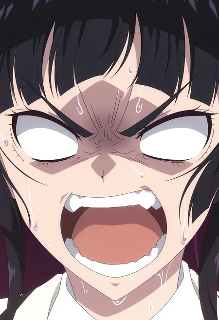 <lora:Kurogane Otoha_illustrious-000056:1>,
Kurogane Otoha,solo,open mouth,sweat,no pupils,teeth,shirt,close-up,portrait,angry,anime coloring,blank eyes,black hair,