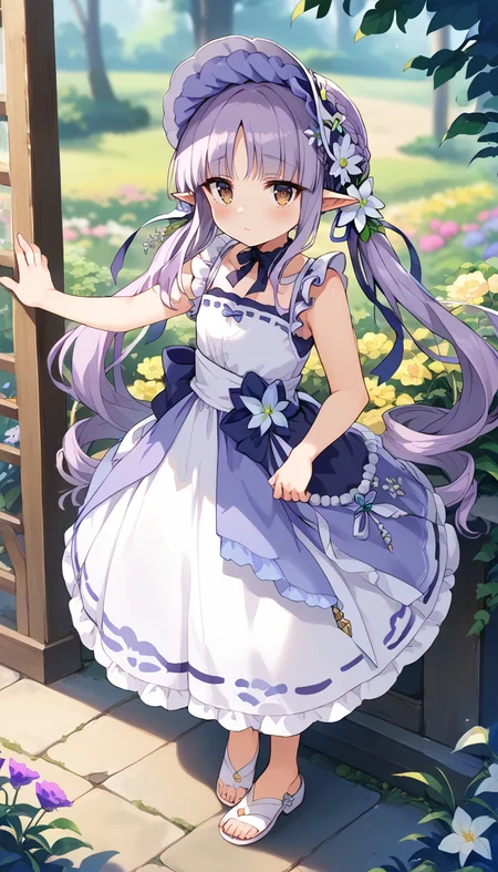 score_9,score_8_up,score_7_up,
official art,official style,game cg,megami magazine,
kyouka spring,
bangs, bare shoulders, blurry, blush, bonnet, braid, braided ponytail, brown eyes, dress,
elf, flower, frilled dress, frills, hair flower, hair ornament, hat, long hair, low twintails,
petals, pointy ears, purple dress, purple hair, ribbon, sleeveless, sleeveless dress, twintails,
very long hair, white dress,
1girl,solo,
standing,full body,
<lora:princess_connect_kyouka_pony_v1:1>,
